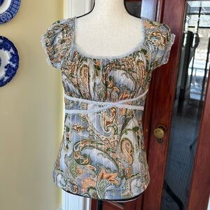 Moa Moa | 90s Y2K Boho Ruched Peasant Short Sleeve Blue Paisley Blouse, Size L